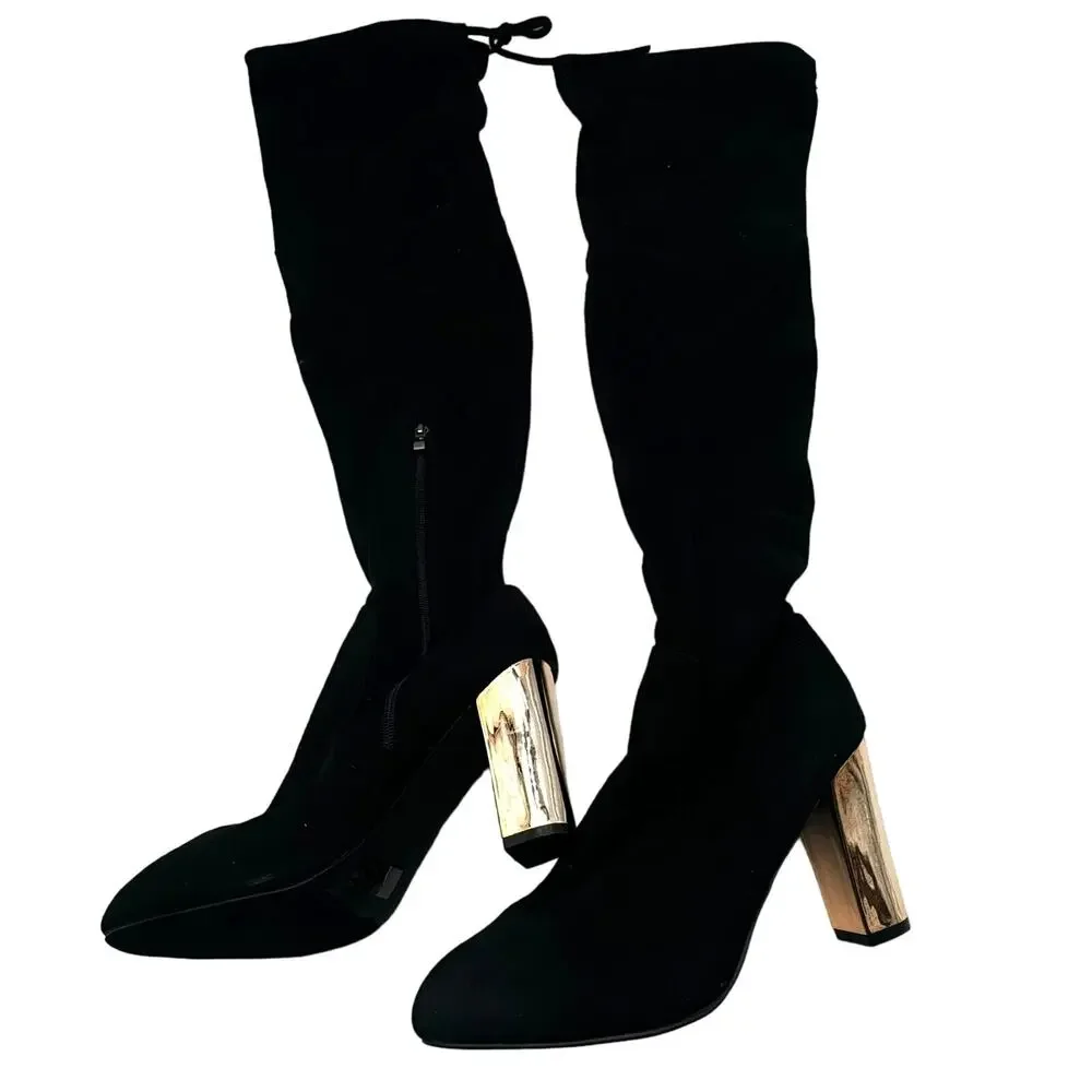 AMI CLUBWEAR Size 11 Black Faux Suede Over The Knee Chunky Shiny Gold Heel Boots